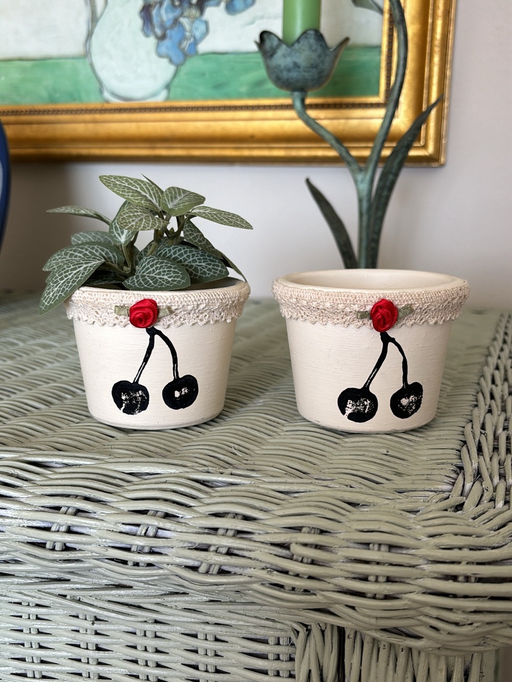 Hand-Painted Cherry Ceramic Planter - Cream with Red Accent